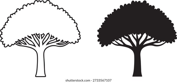 Duas árvores distintas com padrões únicos de folhagem e estruturas de tronco isoladas no fundo branco, ilustração