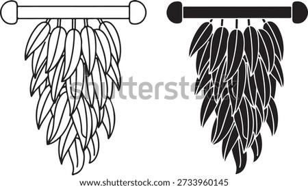 Two distinct types of feather arrangements hanging from horizontal bars isolated on white background, illustration
