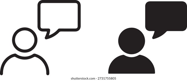 Dos iconos de perfil de usuario distintos, uno delineado y otro sólido, cada uno acompañado de una burbuja de discurso, que simboliza la conversación.