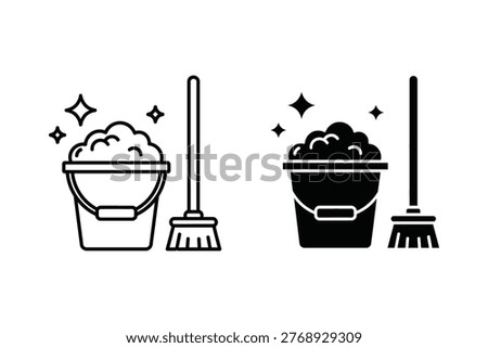 Two distinct vector illustrations depict a bucket filled with bubbly soap suds next to a broom, symbolizing cleanliness and hygiene. Ideal for use in household chores, commercial cleaning services, or DIY projects.