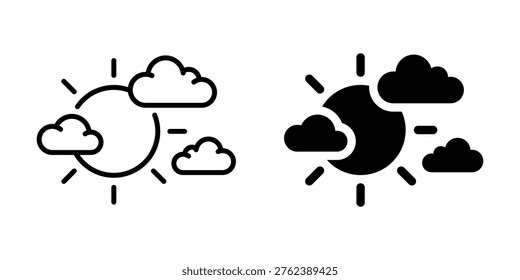 Two distinct weather icons, one outlined and one solid black, both depicting the sun partially obscured by clouds