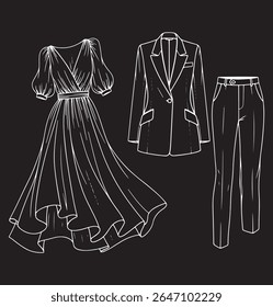 duas roupas de moda femininas distintas apresentadas como esboços planos técnicos um vestido elegante e baixo e um terno personalizado sofisticado