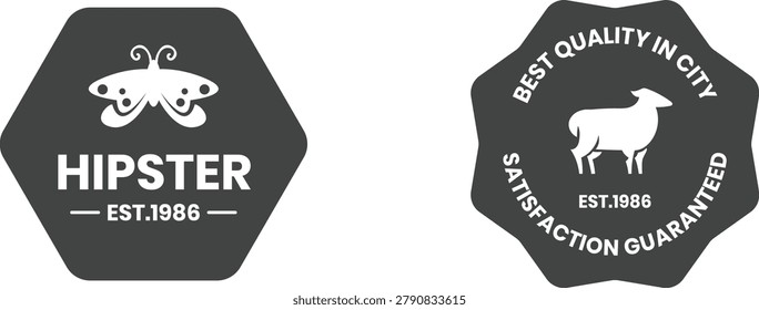 Two distinctive black badges celebrating hipster culture and quality since 1986