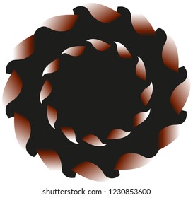 Two distinctive, circular objects, smaller inside the large two abstract teeth, and color transitions with predominant black color.
