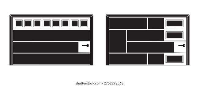 Two distinctive garage door designs, one with top windows and panels, other with various horizontal panels, provided as vector illustration