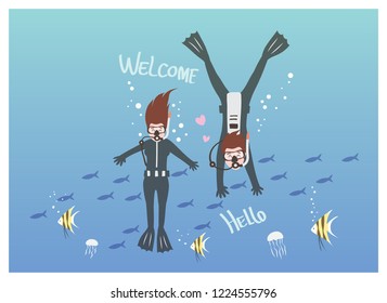 Two diver designs are diving with sea fish.