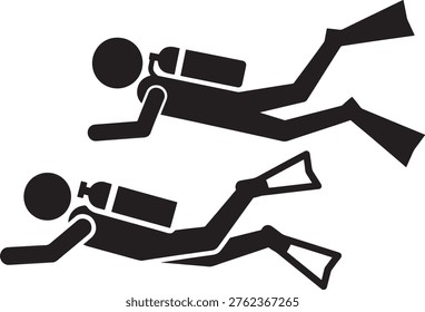 Two diver silhouettes exploring ocean depth. Scuba diving activity icon.