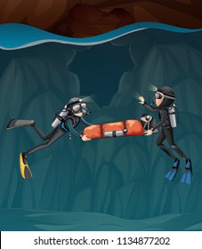 Two divers carring a child in a cave illustration