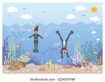 Two divers are diving with fish and corals in a beautiful atmosphere in the sea.