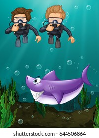 Two divers looking at shark underwater illustration