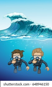 Two divers under the ocean illustration