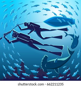 two divers under water surrounded by fish and sharks vector illustration


