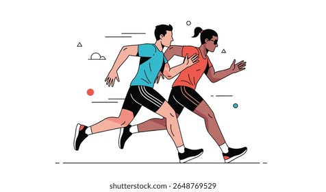 Two diverse athletes engaged in a competitive outdoor running race demonstrating speed and endurance training for a marathon event