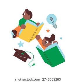 Two diverse children characters popping out from open books flying with a graduation hat and light bulb representing the joy of reading and imagination in education flat illustration style for library and school posters over 150 characters.