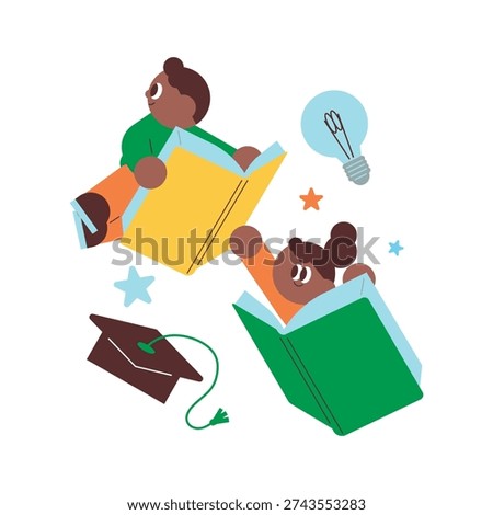 Two diverse children characters popping out from open books flying with a graduation hat and light bulb representing the joy of reading and imagination in education flat illustration style for library and school posters over 150 characters.