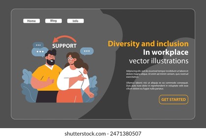 Two diverse colleagues share a supportive moment, highlighting mutual respect and trust in an inclusive workplace. Emphasizing teamwork and understanding. Flat vector illustration