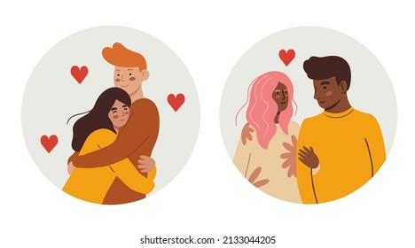Two diverse couples, circle shape clip art. Hand drawn vector illustration 