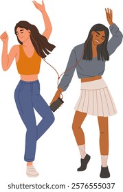 Two diverse female friends wearing earphones and joyfully dancing while listening to music from a smartphone, celebrating friendship and enjoying their time together