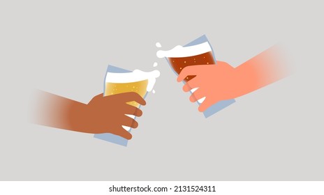 Two diverse friend hands making celebration toast with cold beer glass together on isolated background. Casual adult friends at bar or pub concept.