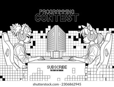 Two diverse girls programmers in a headsets sitting in front of their computers and each other. Side view, cartoon anime style. Vector character design over and abstract pixel background