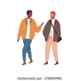 Two Diverse Guys Talking And Walking Outdoor Together Vector Flat Illustration. Male Friends In Trendy Outfit Enjoying Conversation Isolated. People During Communication At Spring Or Autumn Season