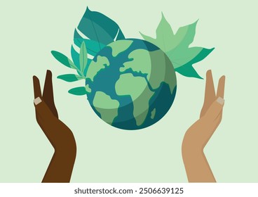 Two diverse hands gently hold the Earth. Symbolizing unity and environmental care. Unity, Diversity, Global Cooperation Concept	