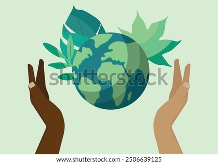 Two diverse hands gently hold the Earth. Symbolizing unity and environmental care. Unity, Diversity, Global Cooperation Concept	