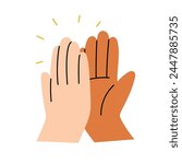 Two diverse hands giving high five, well done gesture, job good done. Hand drawn vector illustration, isolated on white