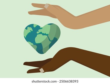 Two diverse hands hold a heart-shaped Earth, Representing unity and care for our planet. Unity, Diversity, Global Cooperation Concept	
