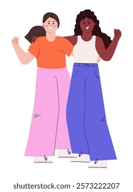 Two diverse happy women standing together, smiling, embracing in friendship, with raised hands with closed fists. Diversity, unity and inclusion concept. Modern flat vector illustration