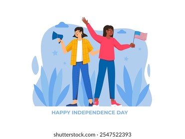 Dos personas diversas celebrando el Día de la Independencia con un megáfono y una bandera estadounidense. Ilustración vectorial