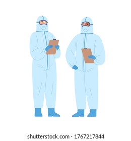 Two diverse male doctors in protective suits holding clipboard vector illustration. Medical staff wearing uniform standing together isolated on white. Emergency aid workers in safety clothes