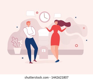 Two Diverse Office Workers Informal Conversation. Flat Cartoon Faceless Man and Woman Characters Stand by Water Cooler Talking, Chatting, Sharing Information during Break Time. Vector Illustration