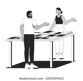 Two diverse people conversing at bookfair table 2D line characters. Hindu woman at bookstore selling books to black man visitor isolated vector ink outline people. Monochromatic spot illustration
