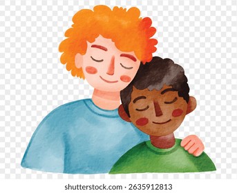 Two diverse people hugging with peaceful smiles, expressing love, care and unity during Pride Month. vector