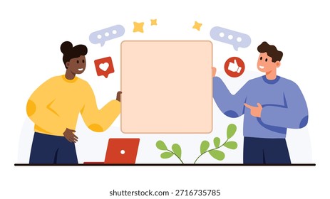 Dos personas diversas presentan un cartel en blanco para mensajes, anuncios o publicidad con iconos de redes sociales y computadora portátil, perfecto para necesidades de marketing o comunicación aisladas sobre fondo blanco