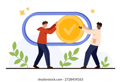 Dos personas diversas que encienden un Grande interruptor de encendido con un símbolo de marca de verificación, que representa la activación, el trabajo en equipo y la acción positiva, aislado en la Ilustración vectorial de fondo blanco