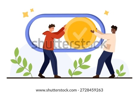 Two diverse people turning on a large power switch with a check mark symbol, representing activation, teamwork, and positive action, isolated on white background vector illustration
