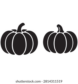 Two diverse pumpkin shapes in solid black. Seasonal vegetable icons for fall decor. Vector illustration of squash and gourd.