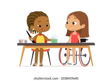 Two diverse schoolgirl in uniform talking at geography lesson studying at multiracial inclusive school vector flat illustration. Girl in wheelchair communicating to classmate learning at classroom