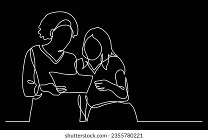 two diverse team members discuss work project on paper during meeting continuous line drawing