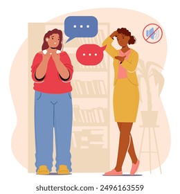 Two Diverse Women Communicating In Sign Language With Speech Bubbles And Mute Symbol In Background. Deaf or Mute female Characters Speaking with Hand Gestures. Cartoon People Vector Illustration