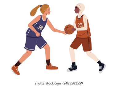 Two Diverse Women Playing Basketball on the Court.