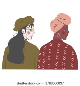 Two diverse women portrait. Cartoon flat design illustration of girls different nationalities isolated on white in profile view. Comics style.