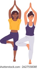 Duas mulheres diversas praticando a pose da árvore de ioga, incorporando saúde, bem-estar e atenção plena, promovendo equilíbrio e harmonia em seus estilos de vida ativos e jornadas de fitness