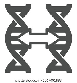 Two DNA chains with distance arrow solid icon, genetic research concept. Vector graphics. DNA chain similarity test sign on white background, glyph style icon for mobile or web design