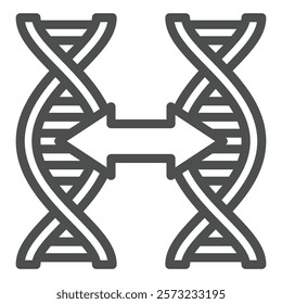 Two DNA chains with distance arrow line icon, genetic research concept. Vector graphics. DNA chain similarity test sign on white background, outline style icon for mobile or web design