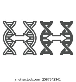 Two DNA chains with distance arrow line and solid icon, genetic research concept. Vector graphics. DNA chain similarity test sign on white background, outline style icon for mobile or web design