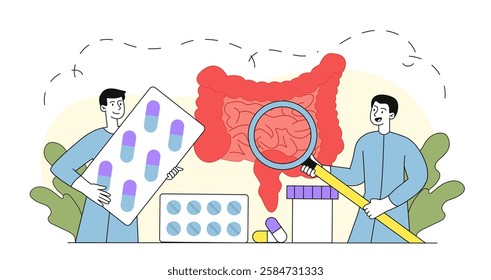 Two doctors analyze intestines using a magnifying glass while holding medicine pills. The background is white with abstract elements. Concept of gut health
