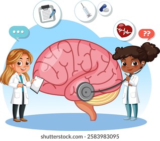 Two doctors analyzing brain with medical tools